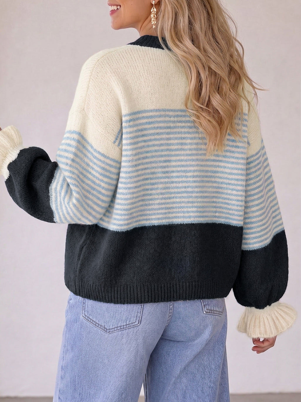 Saodimallsu Womens Striped Ruffle Sleeve Cardigan Coats