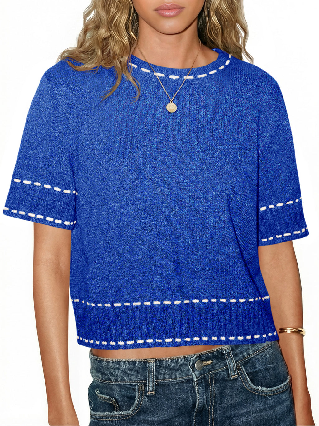 Saodimallsu Womens Cropped Crew Neck Knit Sweater