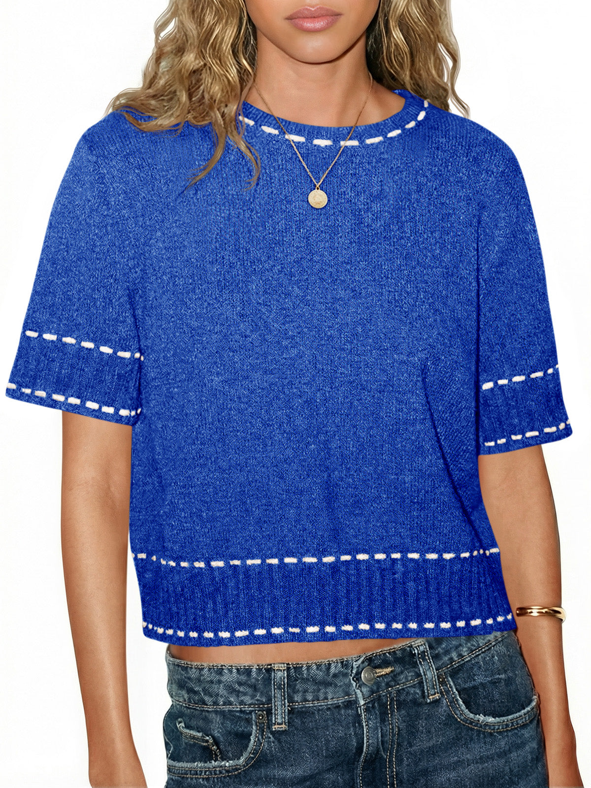 Saodimallsu Womens Cropped Crew Neck Knit Sweater
