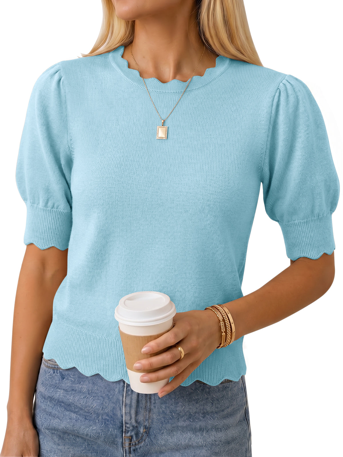 Saodimallsu Women Puff Sleeve Knit Top