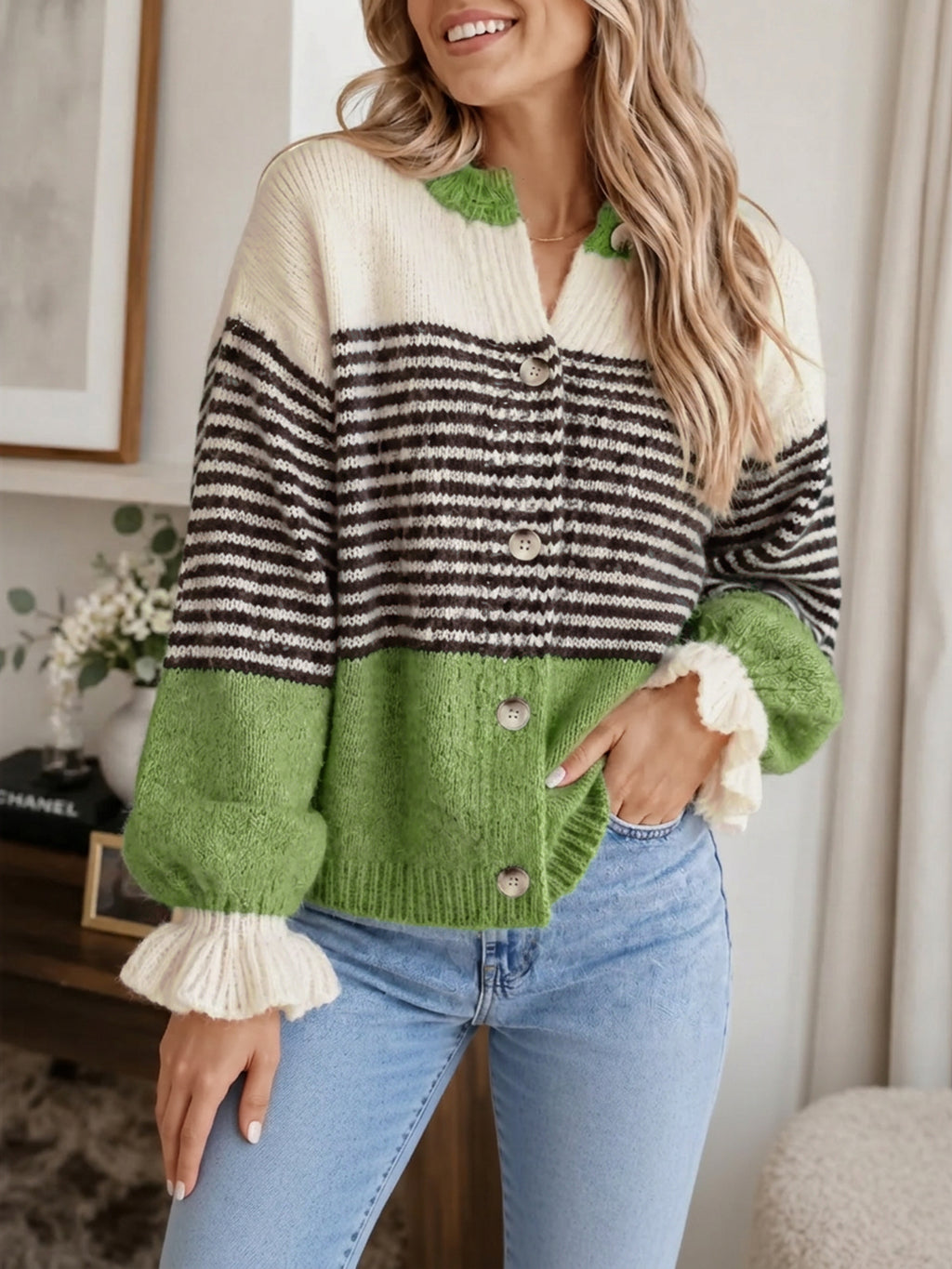 Saodimallsu Womens Striped Ruffle Sleeve Cardigan Coats