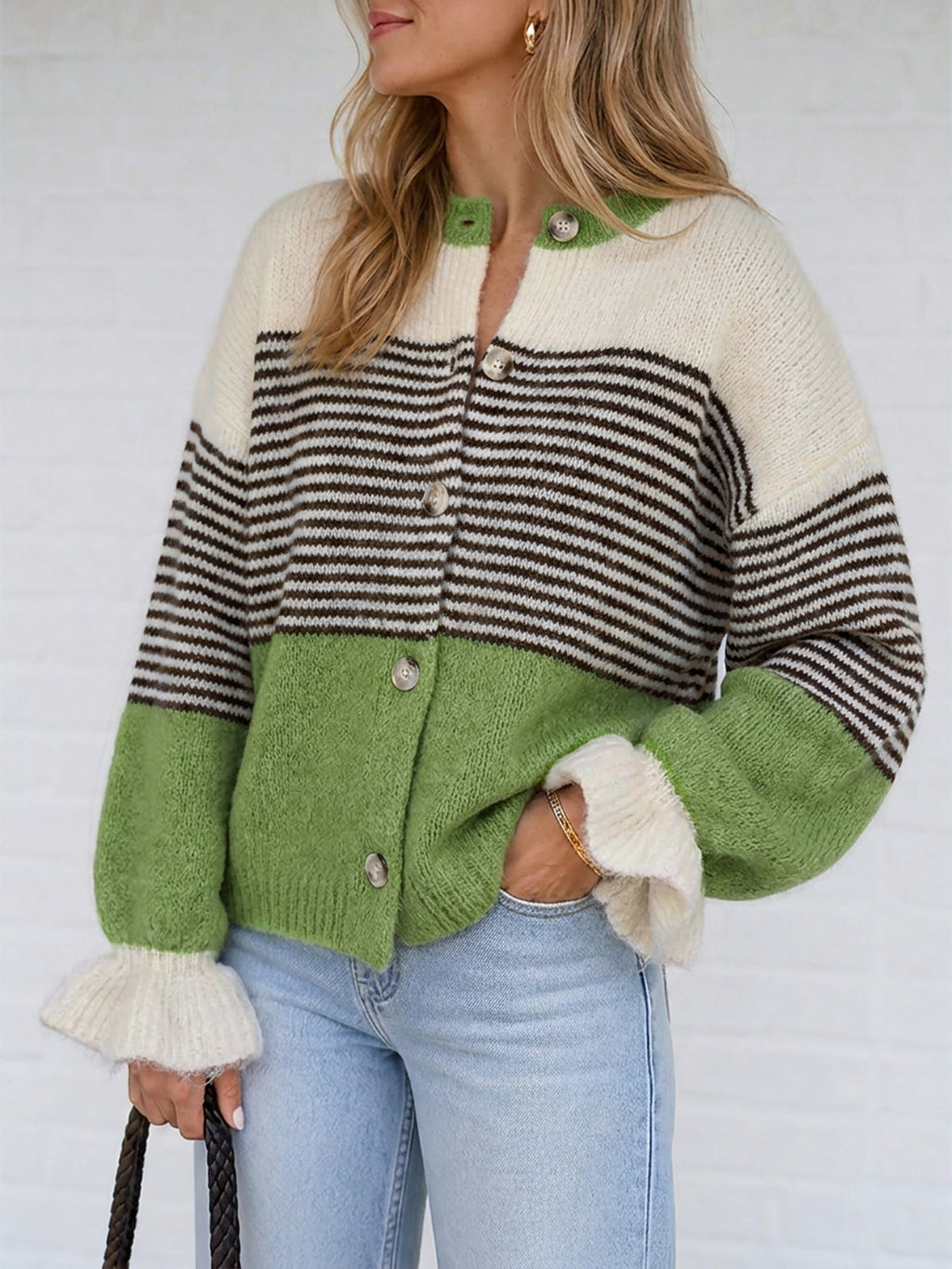 Saodimallsu Womens Striped Ruffle Sleeve Cardigan Coats