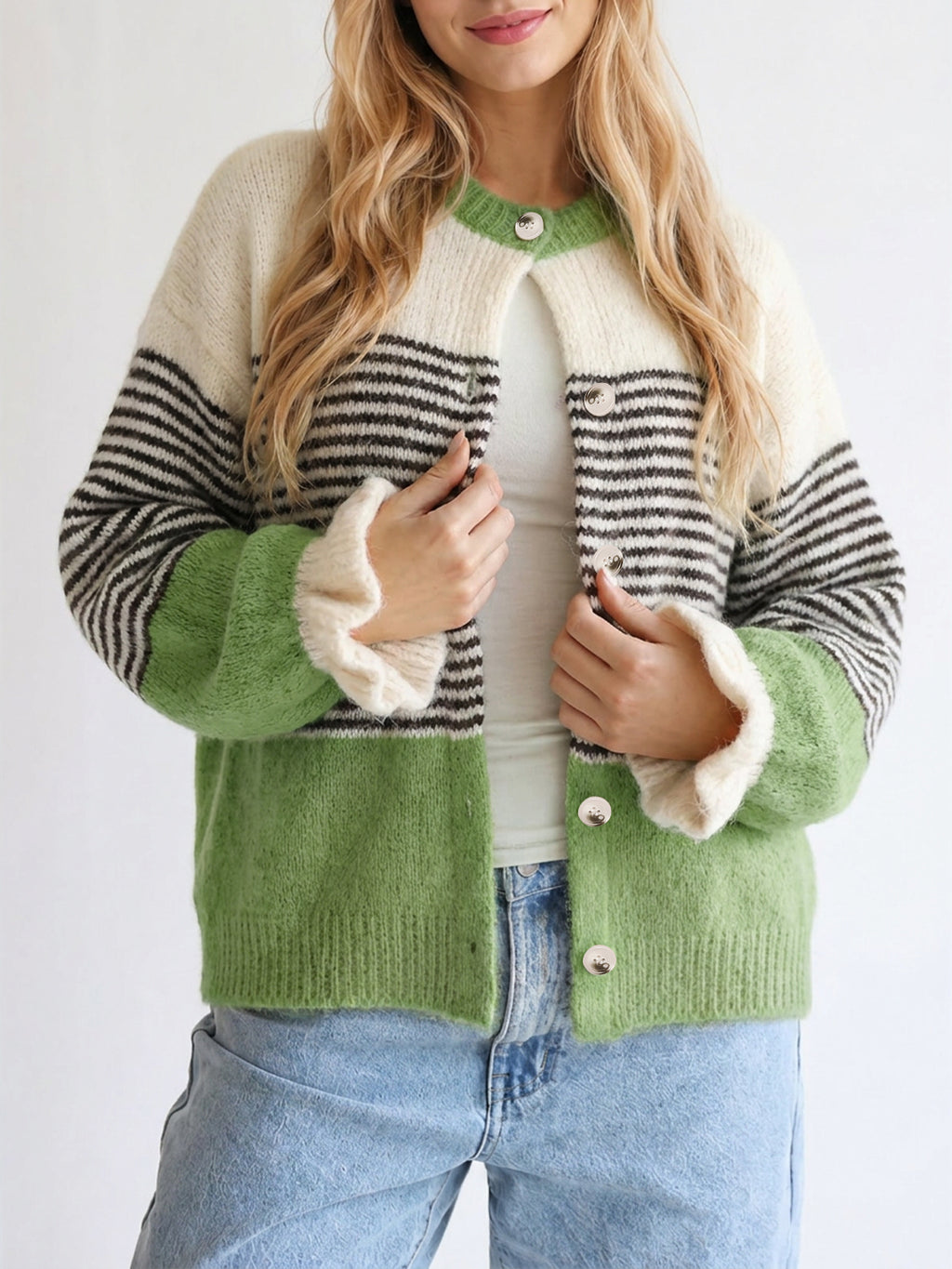 Saodimallsu Womens Striped Ruffle Sleeve Cardigan Coats