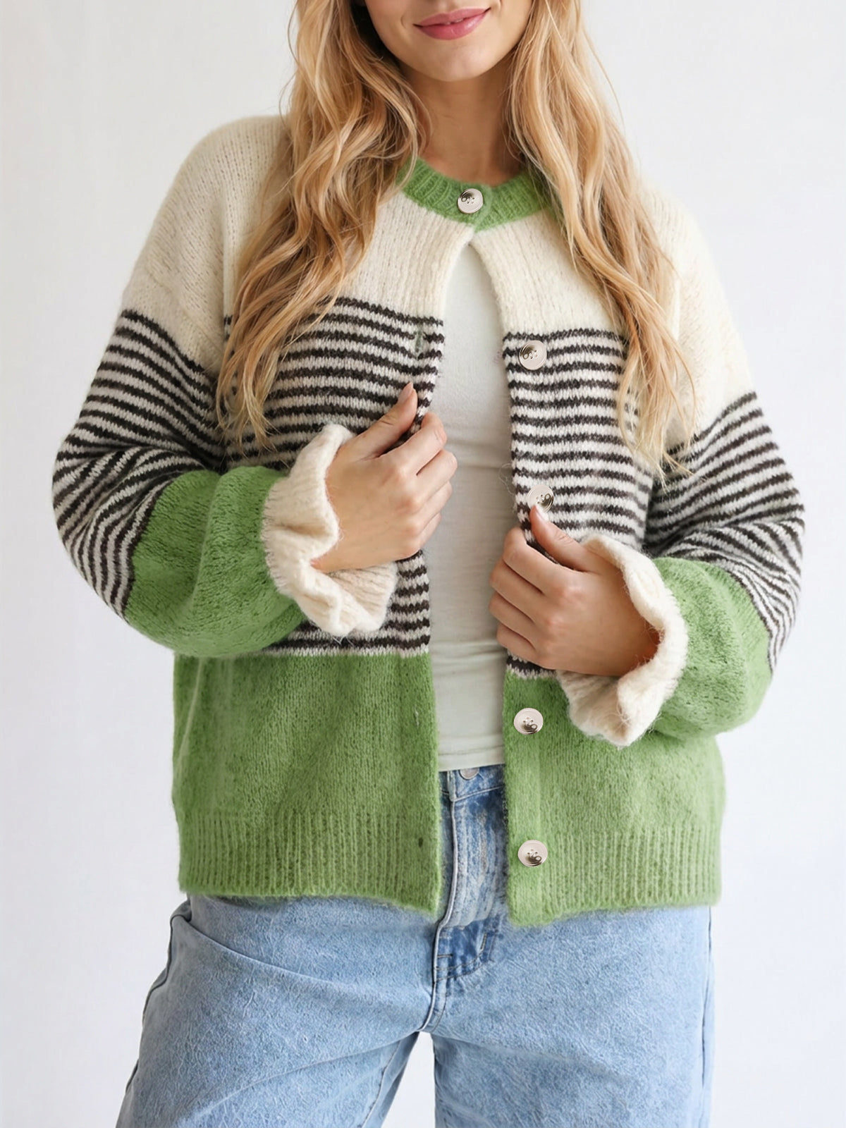 Saodimallsu Womens Striped Ruffle Sleeve Cardigan Coats