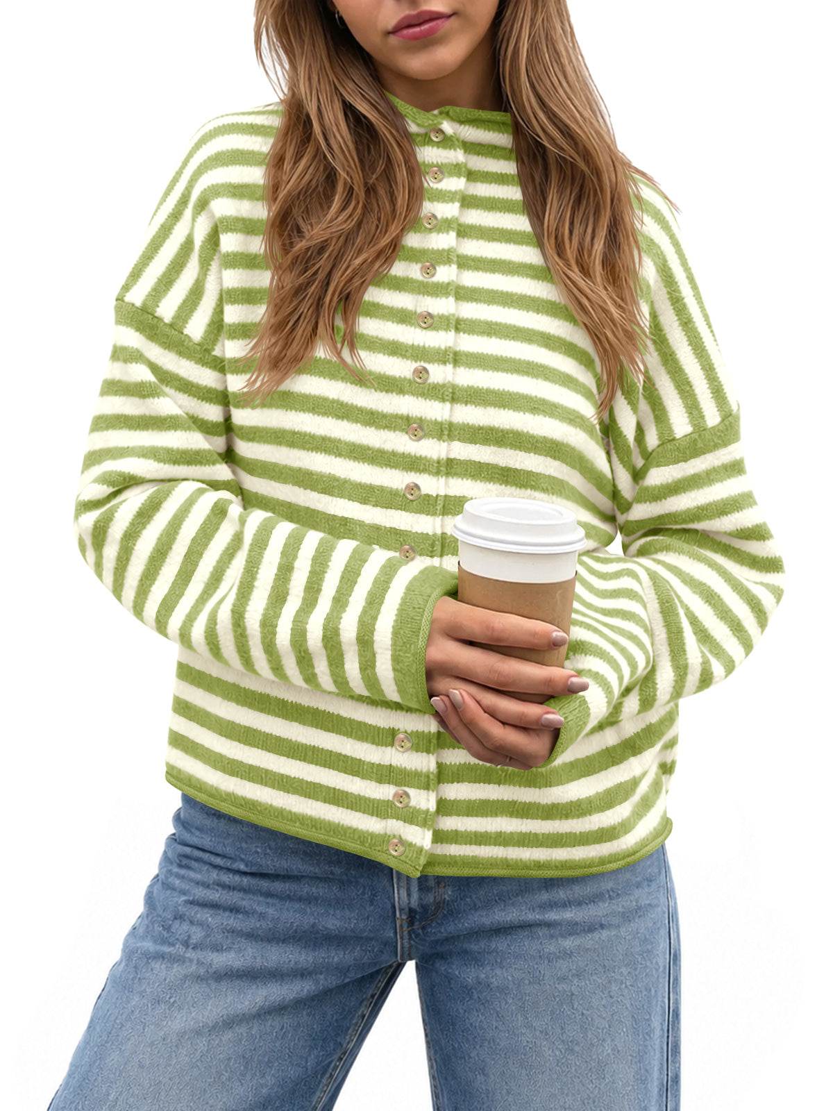 Saodimallsu Womens Striped Mock Neck Cardigan