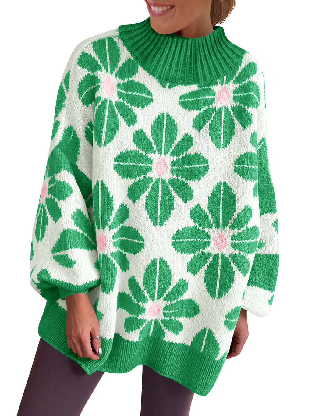 Saodimallsu Womens Floral Mock Neck Chunky Sweater