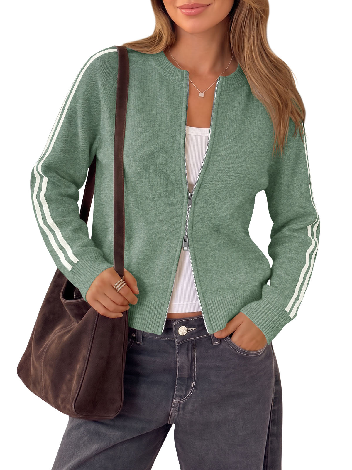 Saodimallsu Womens Zip Up Crew Neck Cardigan
