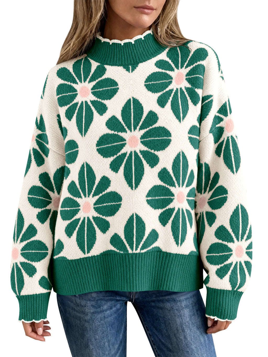 Saodimallsu Womens Mock Neck Floral Knit Sweater