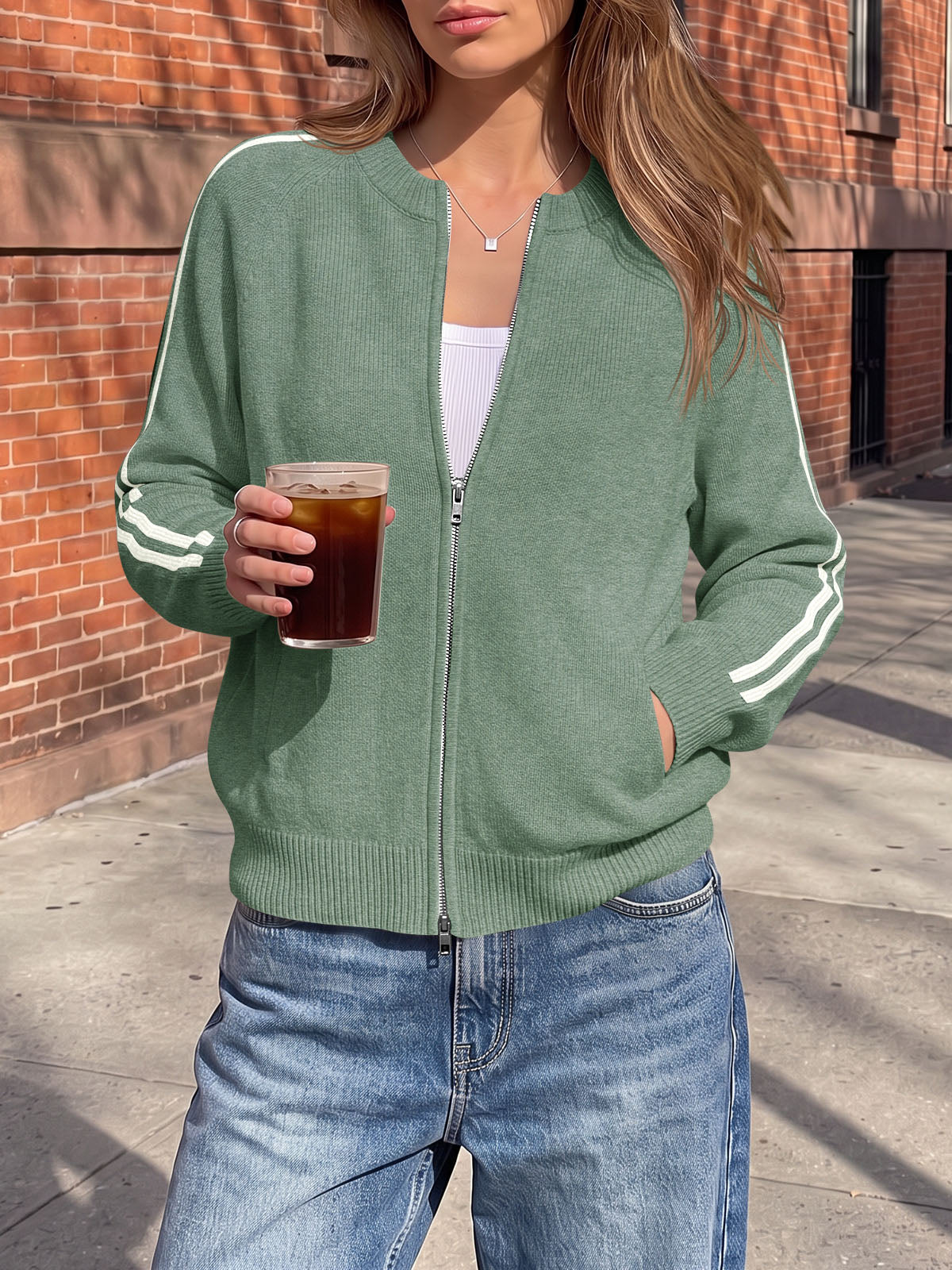 Saodimallsu Womens Zip Up Crew Neck Cardigan