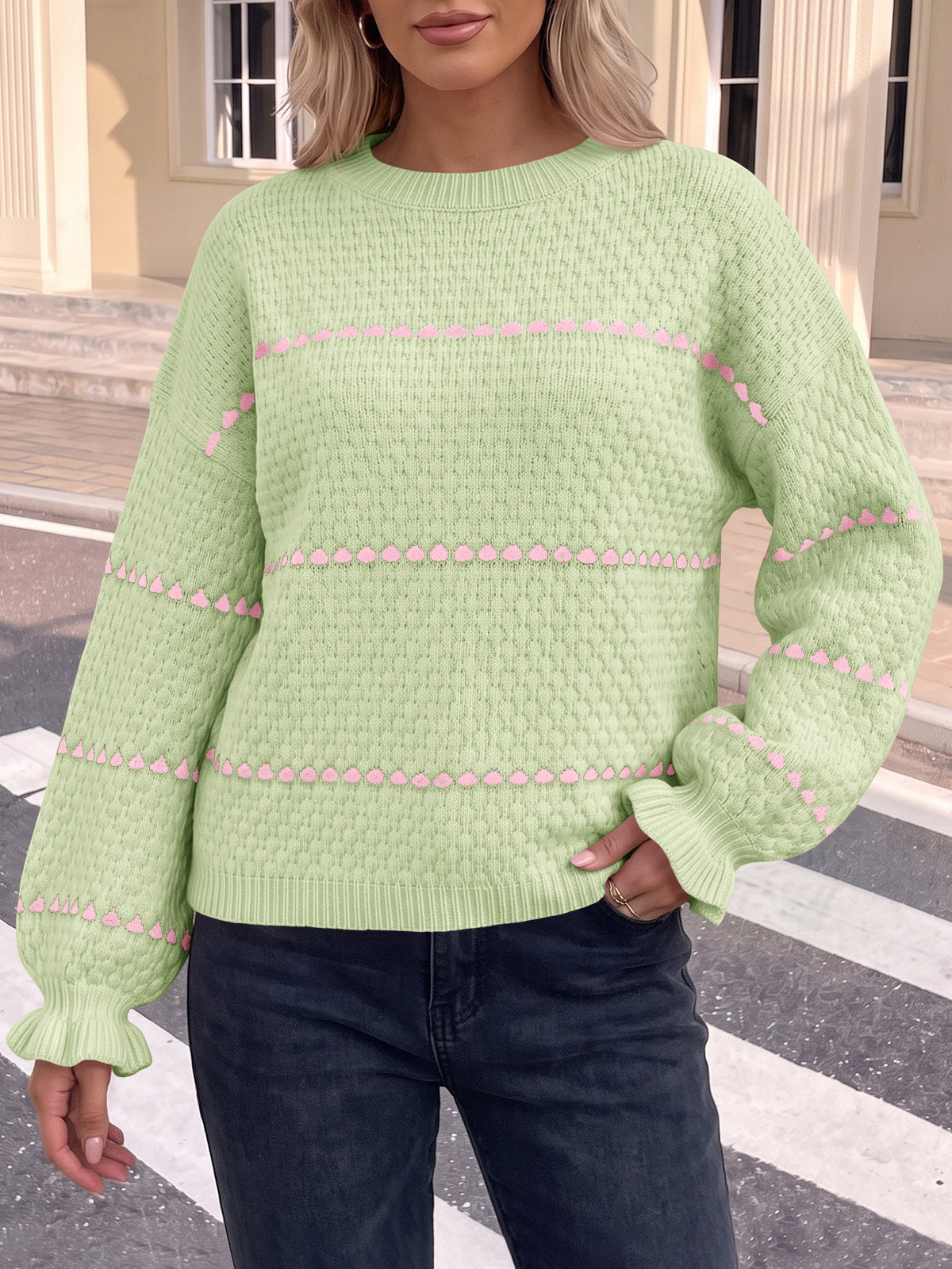 Saodimallsu Womens Heart Striped Ruffle Sweaters