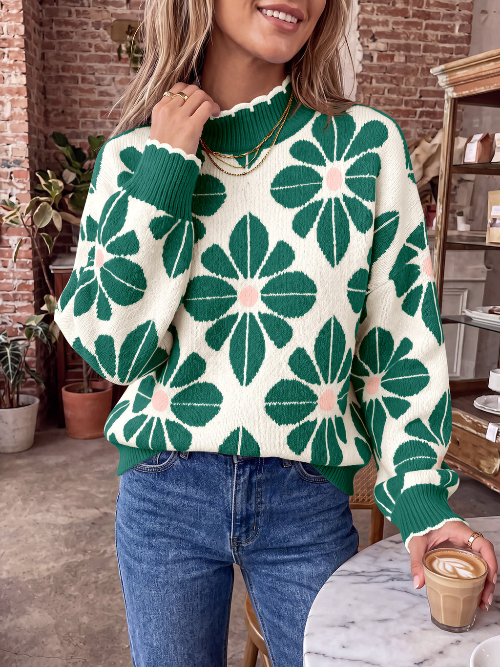 Saodimallsu Womens Mock Neck Floral Knit Sweater