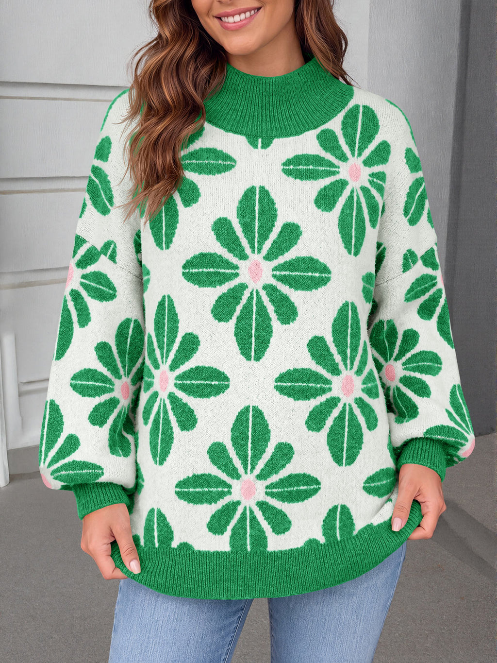 Saodimallsu Womens Floral Mock Neck Chunky Sweater
