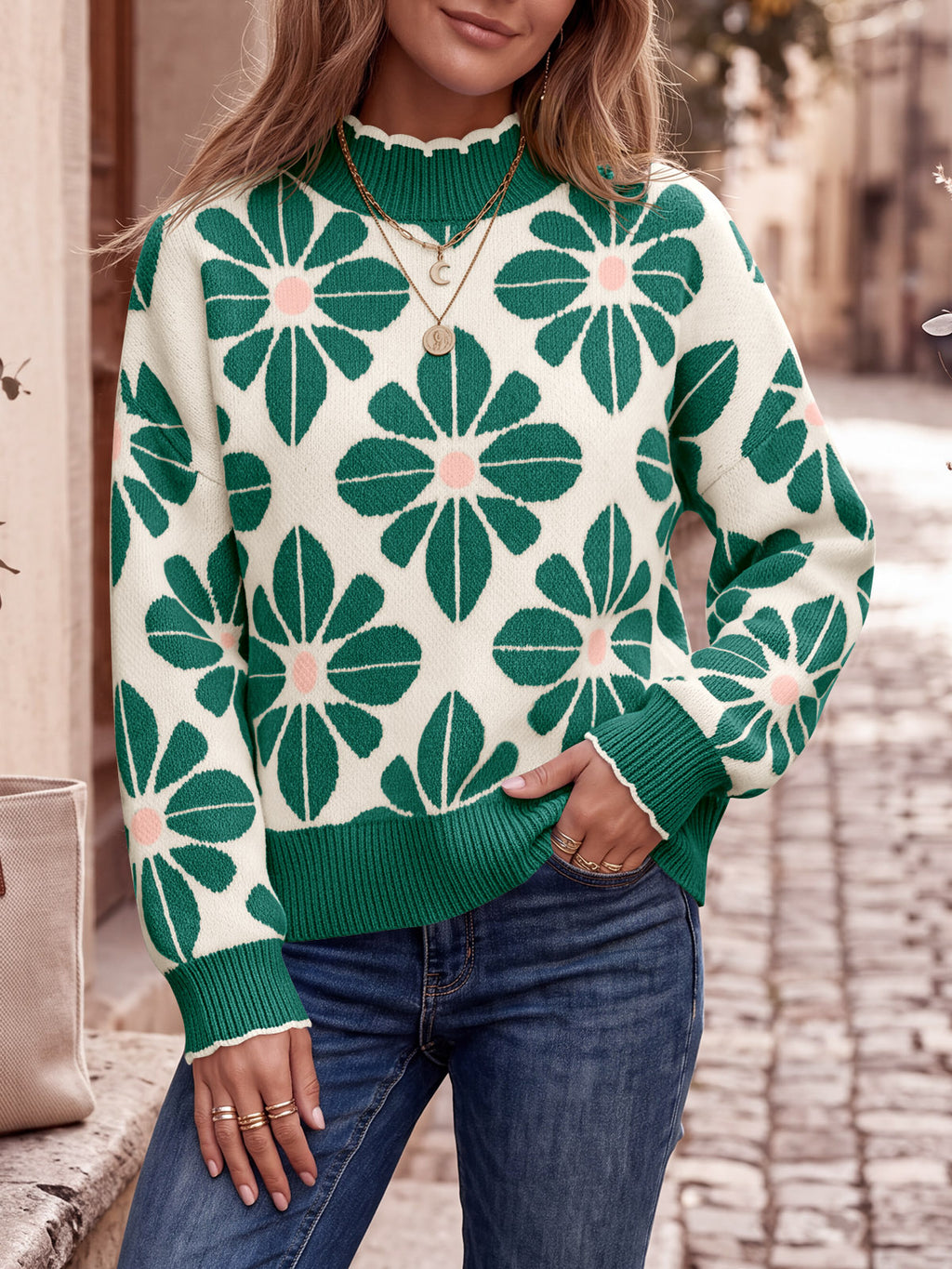 Saodimallsu Womens Mock Neck Floral Knit Sweater