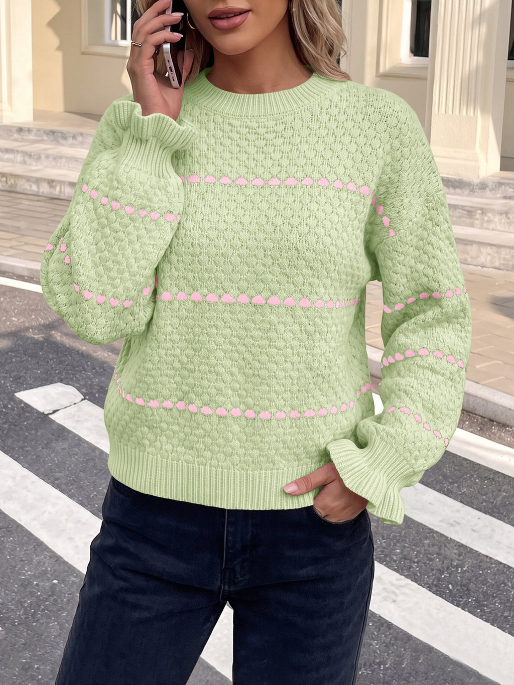 Saodimallsu Womens Heart Striped Ruffle Sweaters