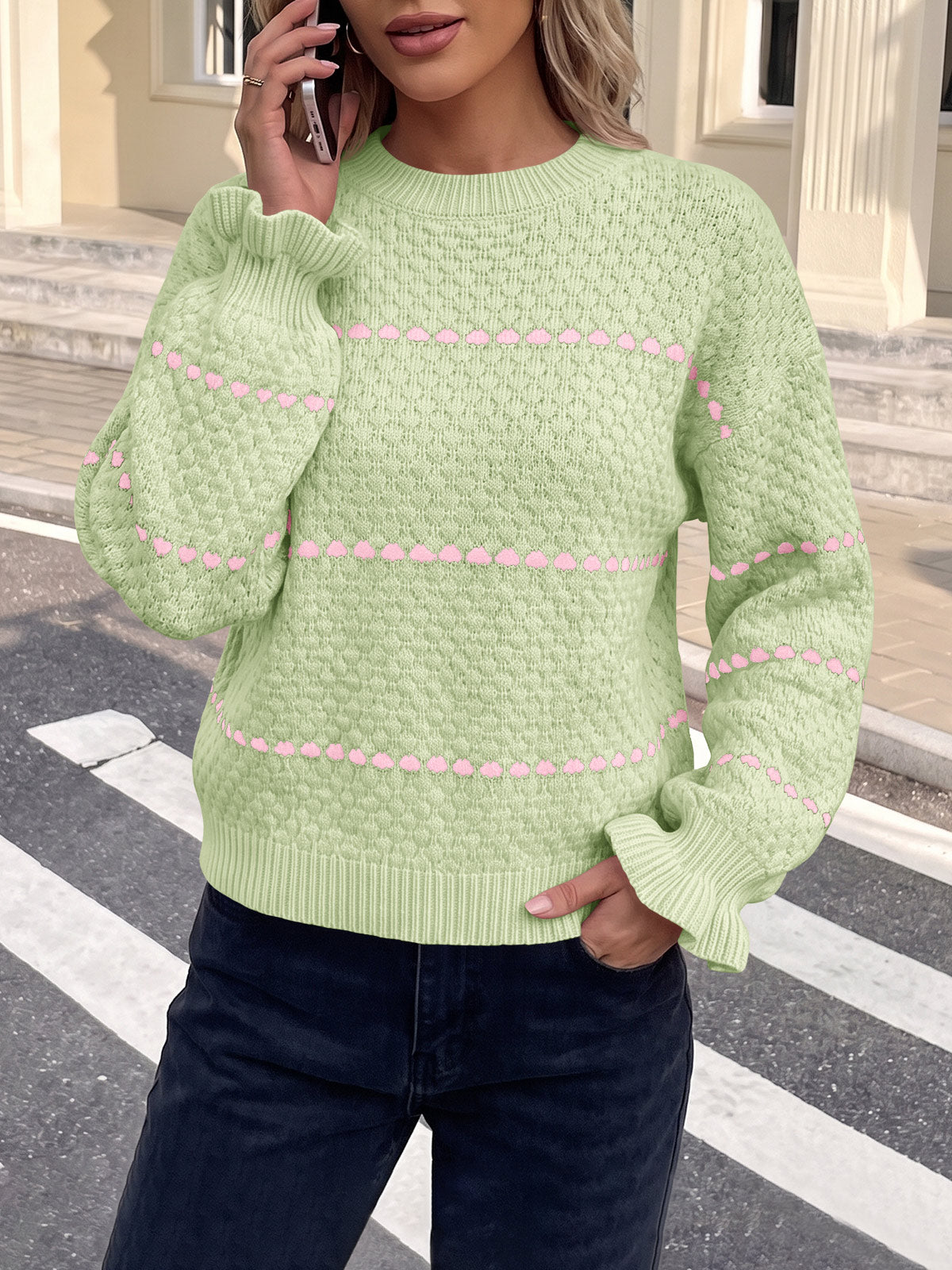 Saodimallsu Womens Heart Striped Ruffle Sweaters