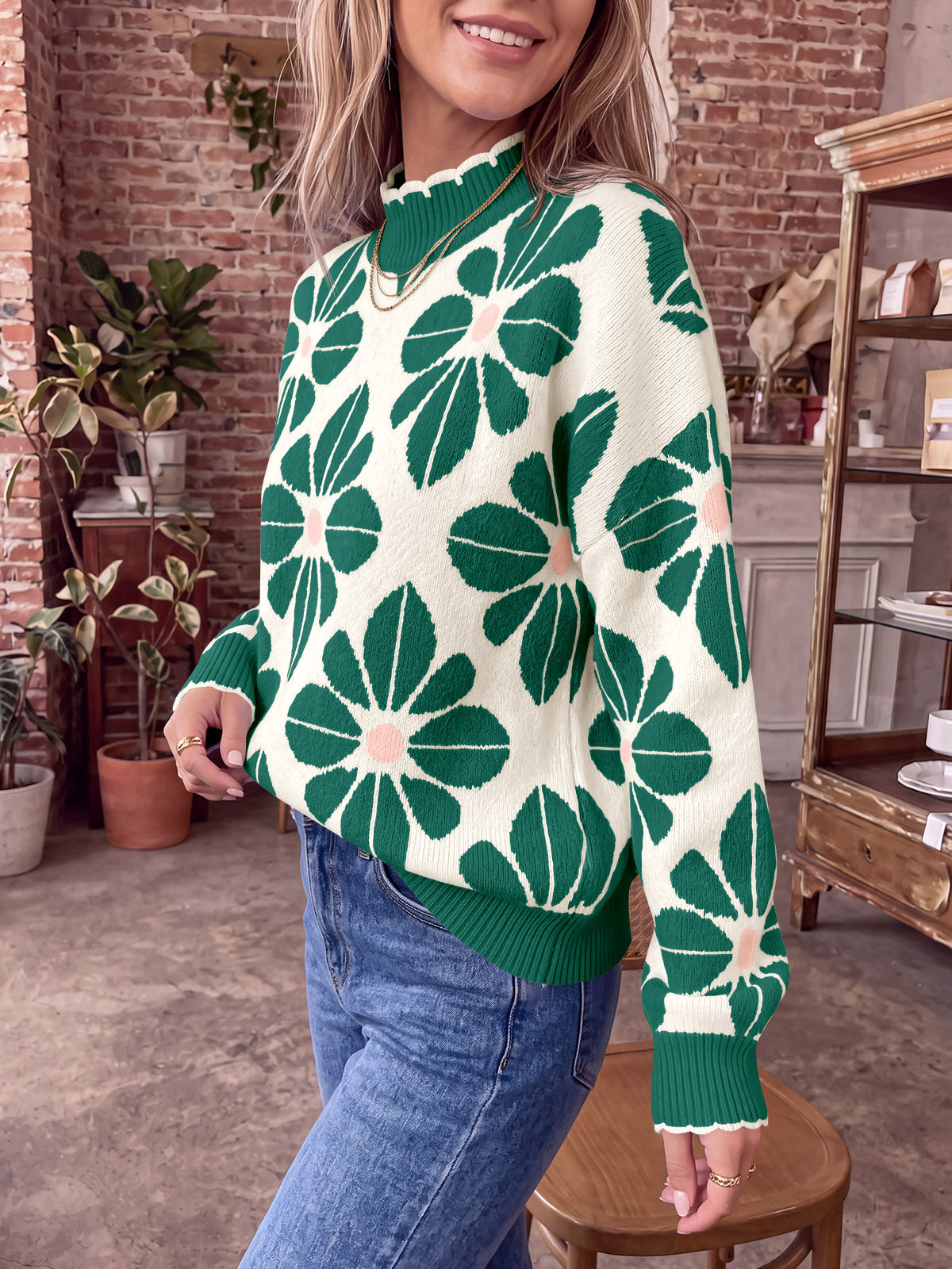 Saodimallsu Womens Mock Neck Floral Knit Sweater