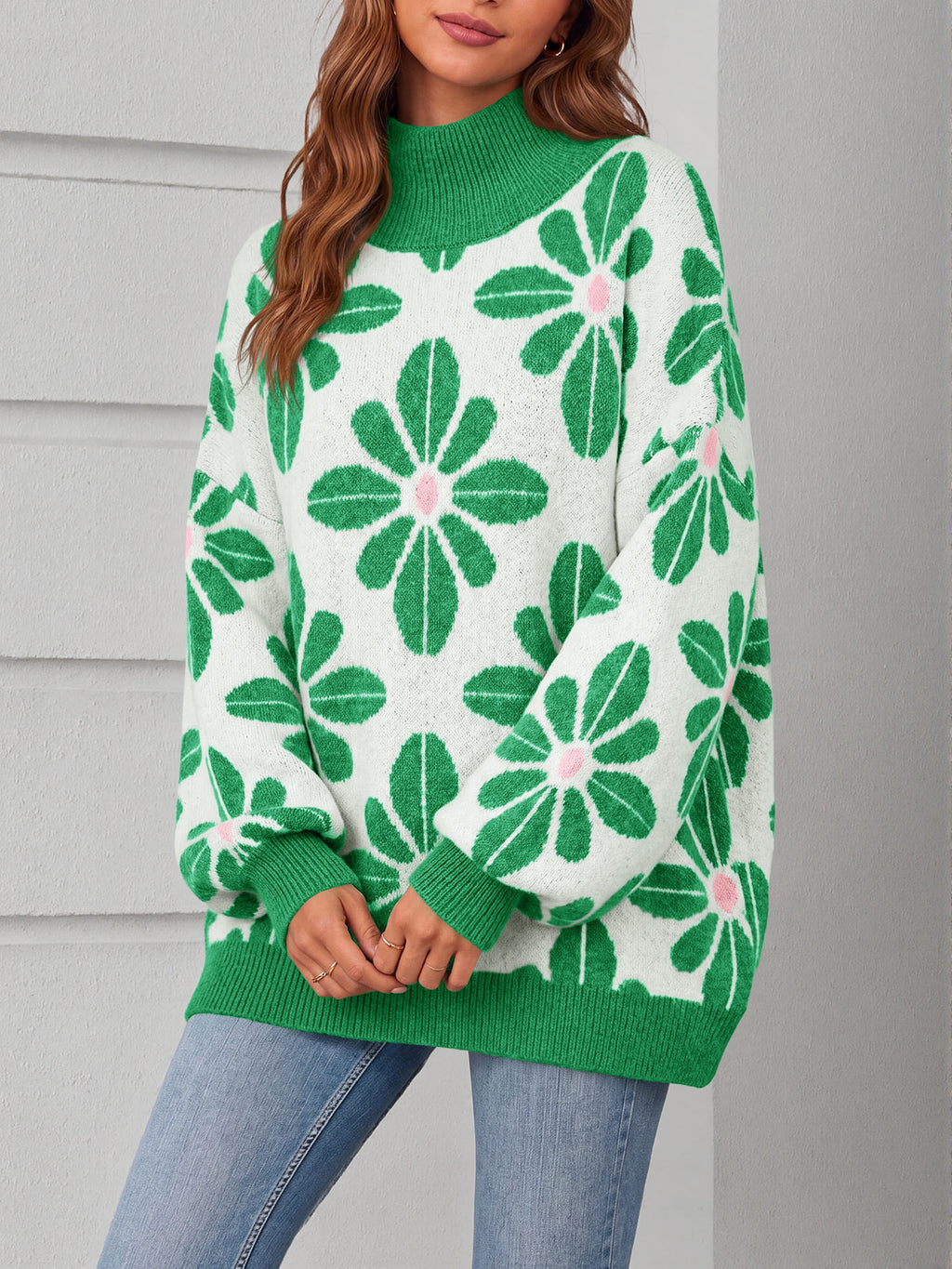 Saodimallsu Womens Floral Mock Neck Chunky Sweater