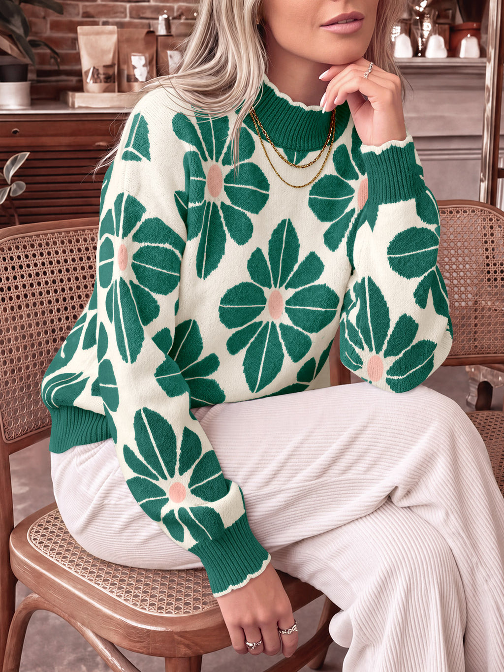 Saodimallsu Womens Mock Neck Floral Knit Sweater