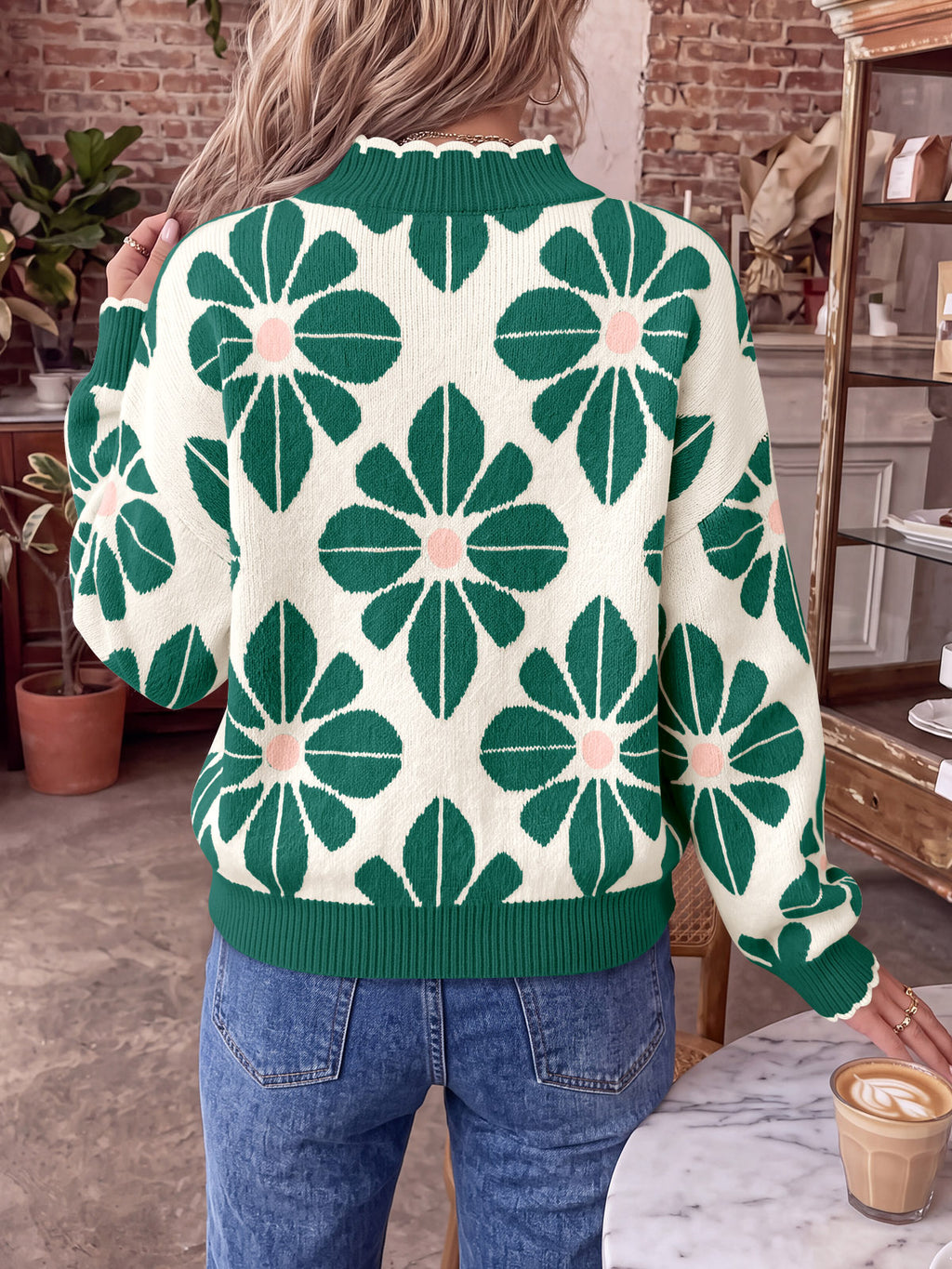 Saodimallsu Womens Mock Neck Floral Knit Sweater