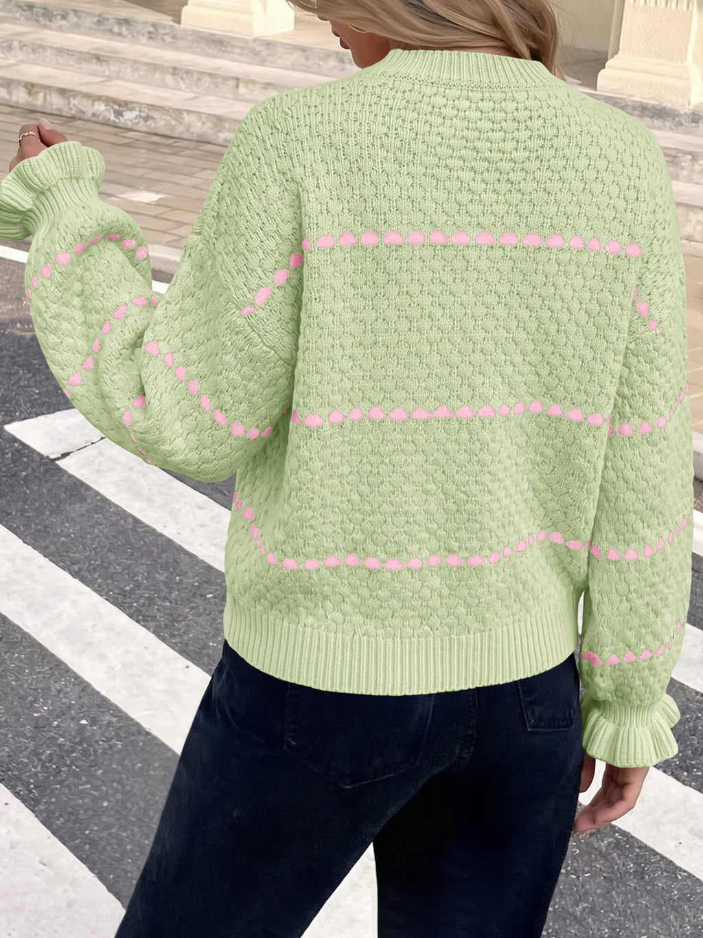 Saodimallsu Womens Heart Striped Ruffle Sweaters