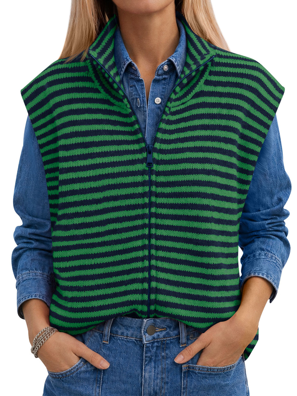 Saodimallsu Women Striped Zip Up Knit Cardigan