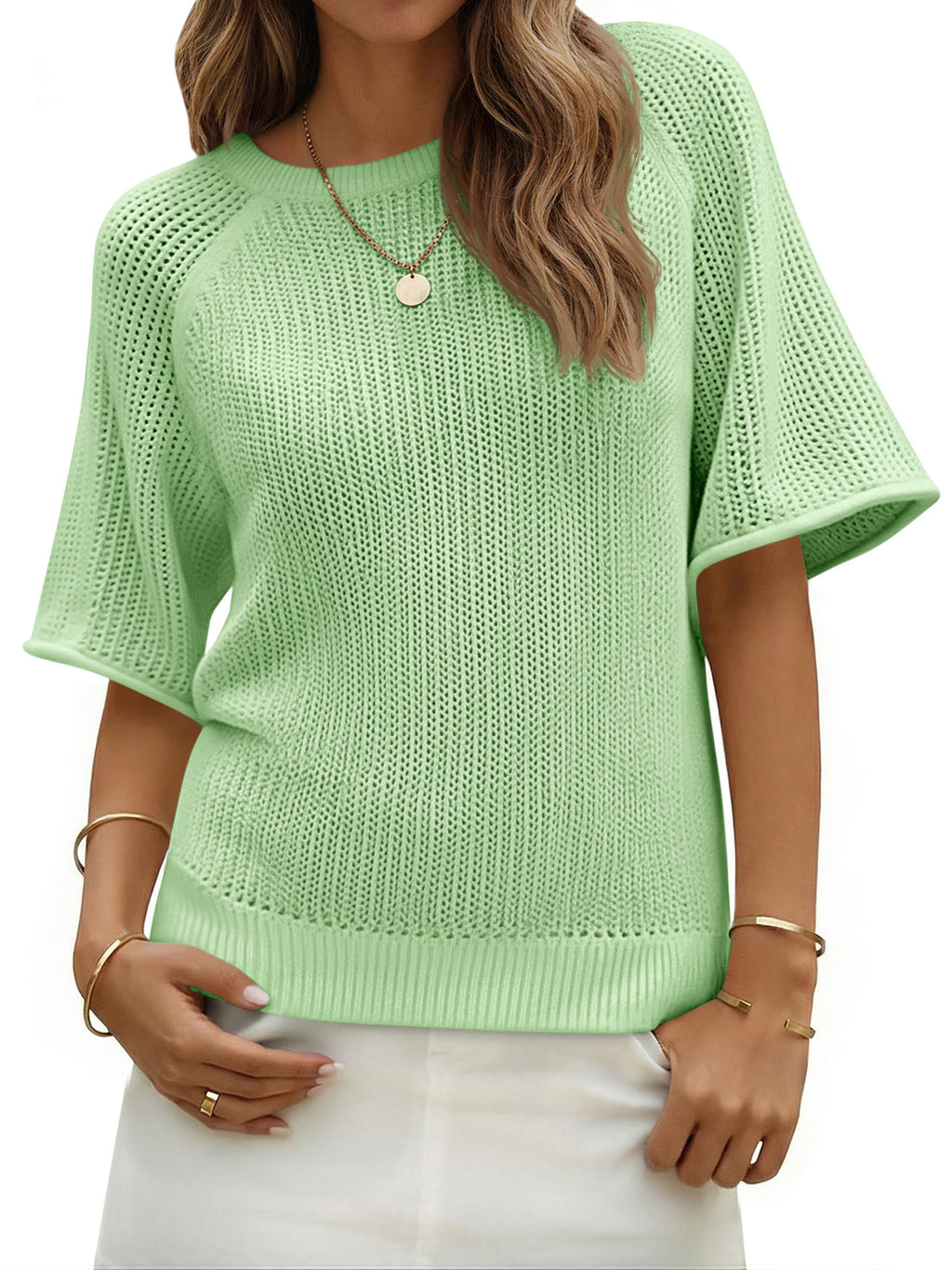 Saodimallsu Womens Crochet Short Sleeve Knit Sweater
