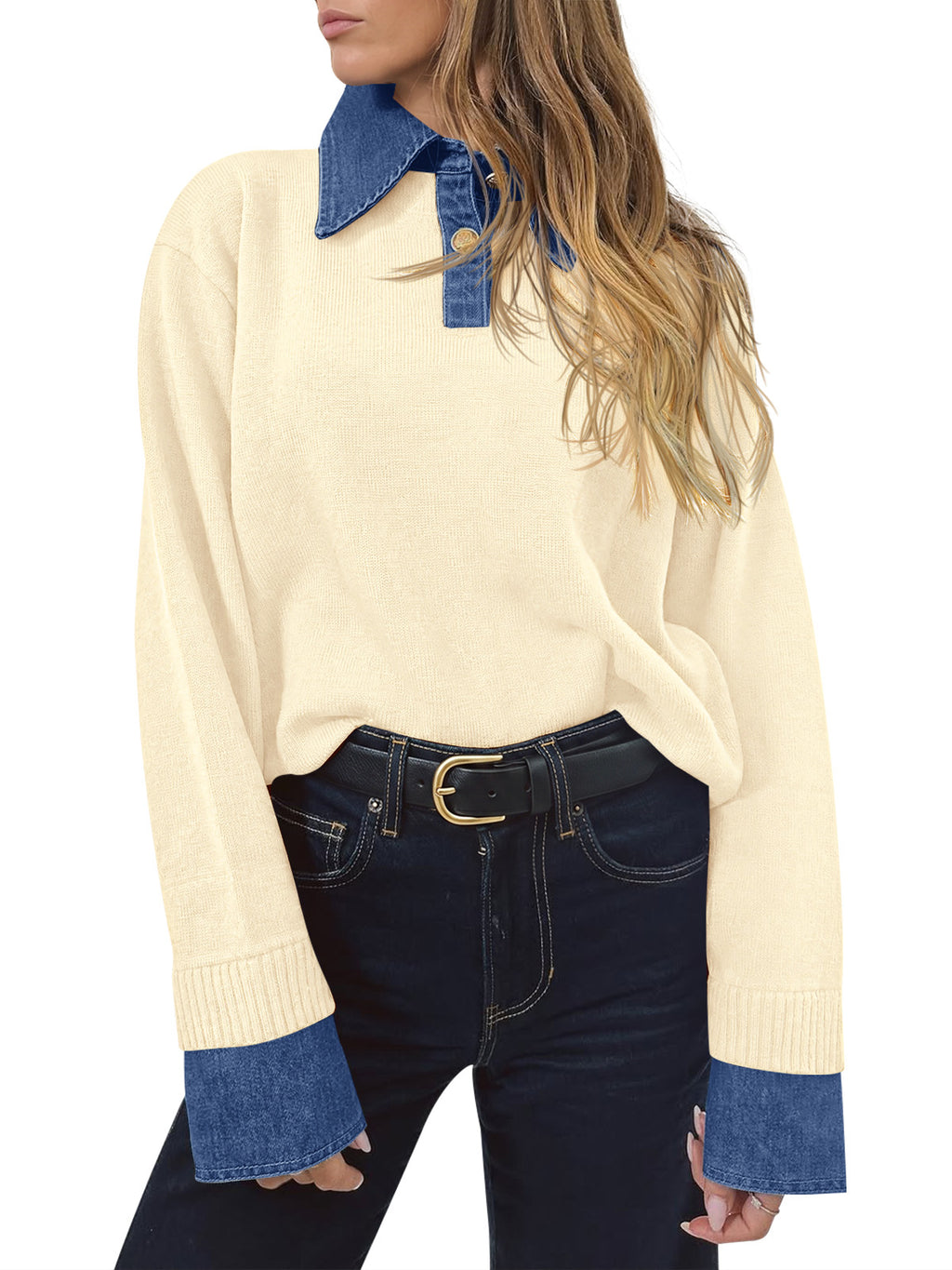 Saodimallsu Women Denim Patchwork V Neck Sweater Tops