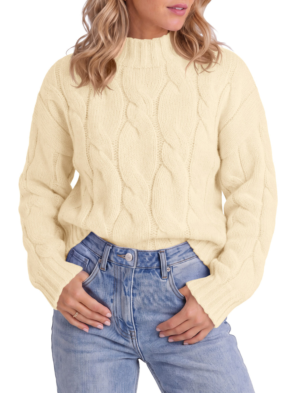 Saodimallsu Womens Mock Neck Cable Knit Sweater