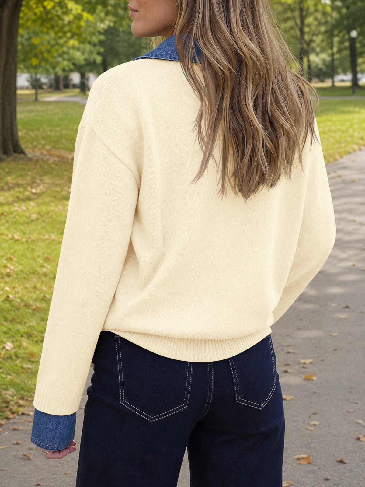 Saodimallsu Women Denim Patchwork V Neck Sweater Tops