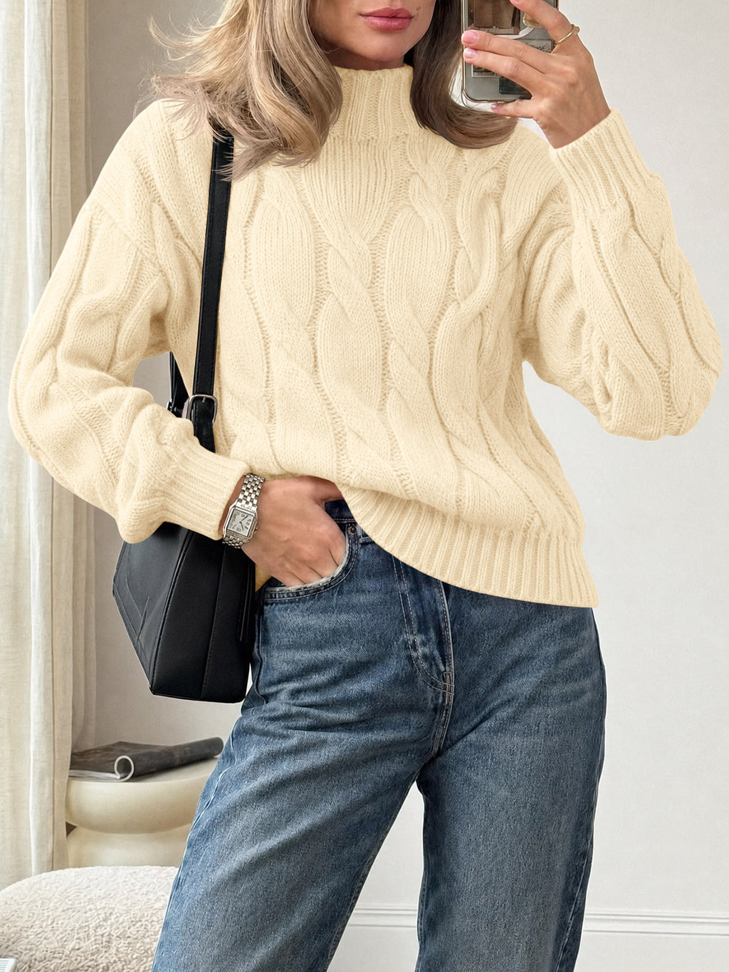 Saodimallsu Womens Mock Neck Cable Knit Sweater
