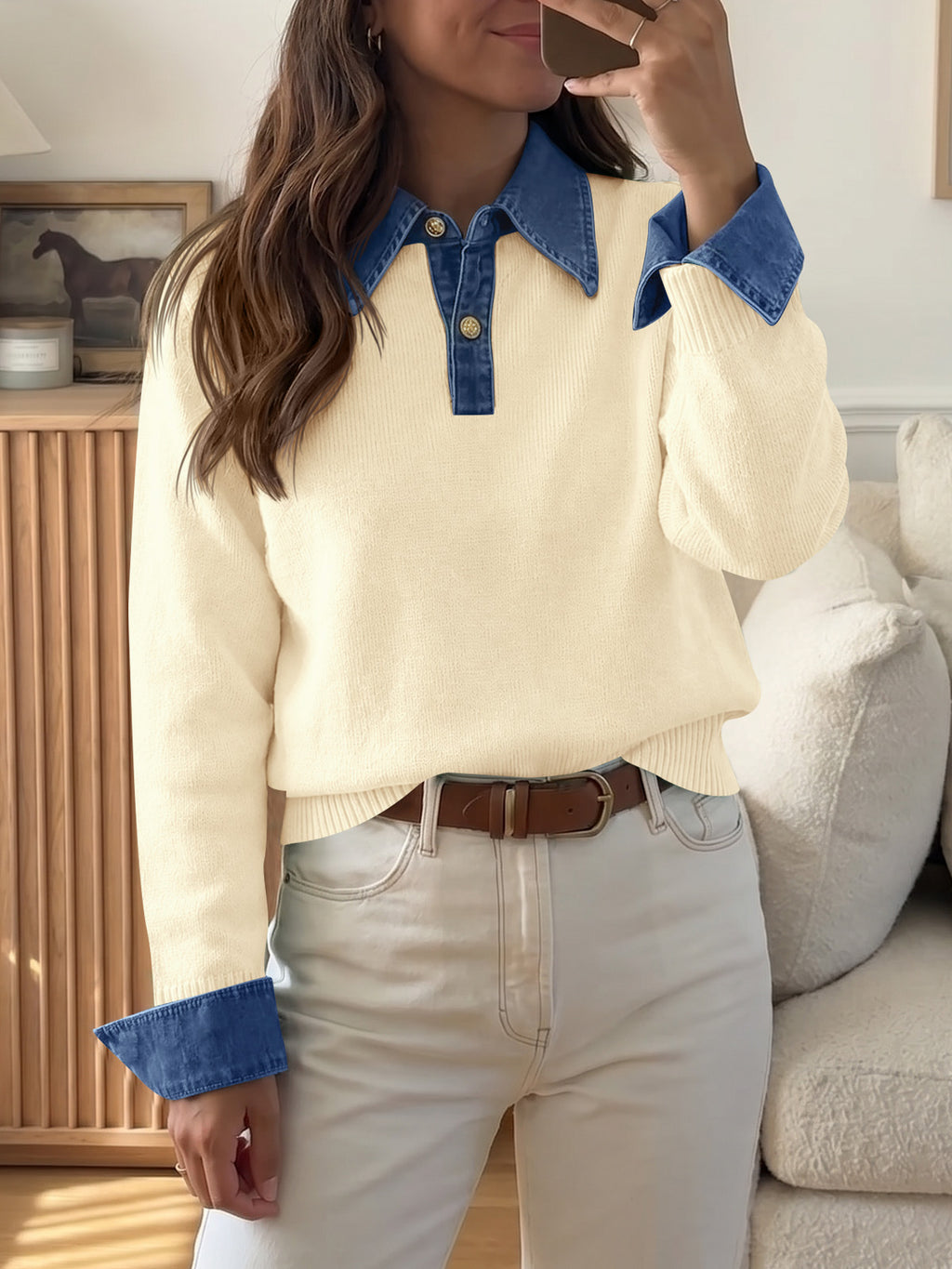 Saodimallsu Women Denim Patchwork V Neck Sweater Tops