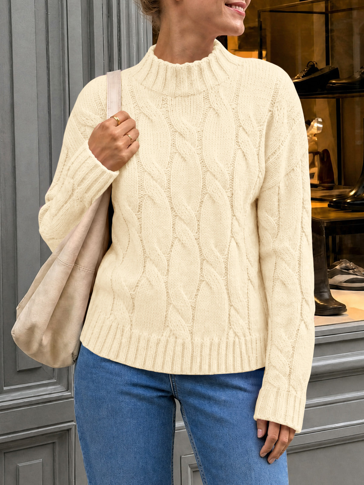 Saodimallsu Womens Mock Neck Cable Knit Sweater