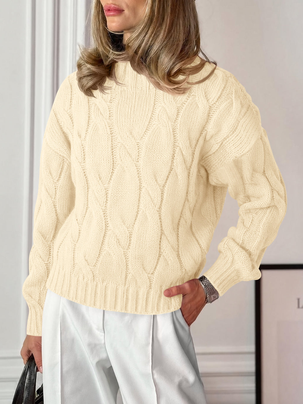 Saodimallsu Womens Mock Neck Cable Knit Sweater