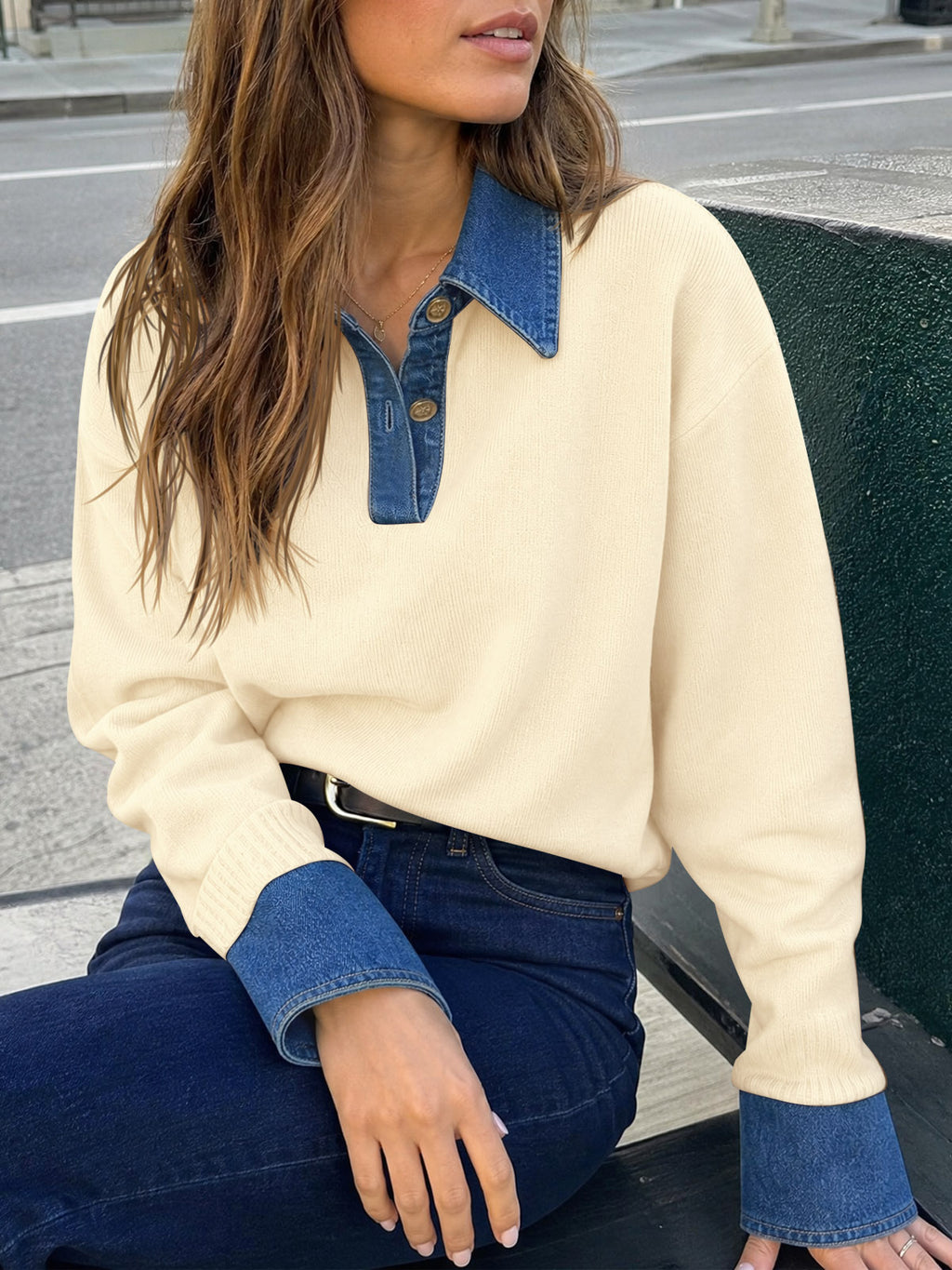 Saodimallsu Women Denim Patchwork V Neck Sweater Tops