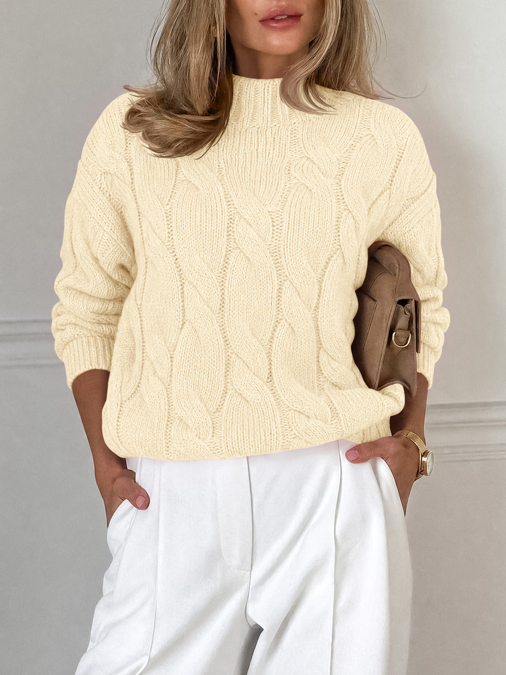 Saodimallsu Womens Mock Neck Cable Knit Sweater