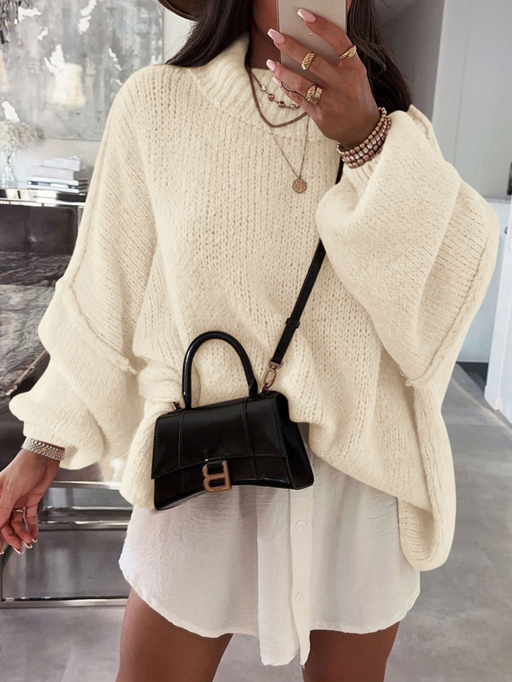 Saodimallsu Womens Mock Neck Batwing Sweater