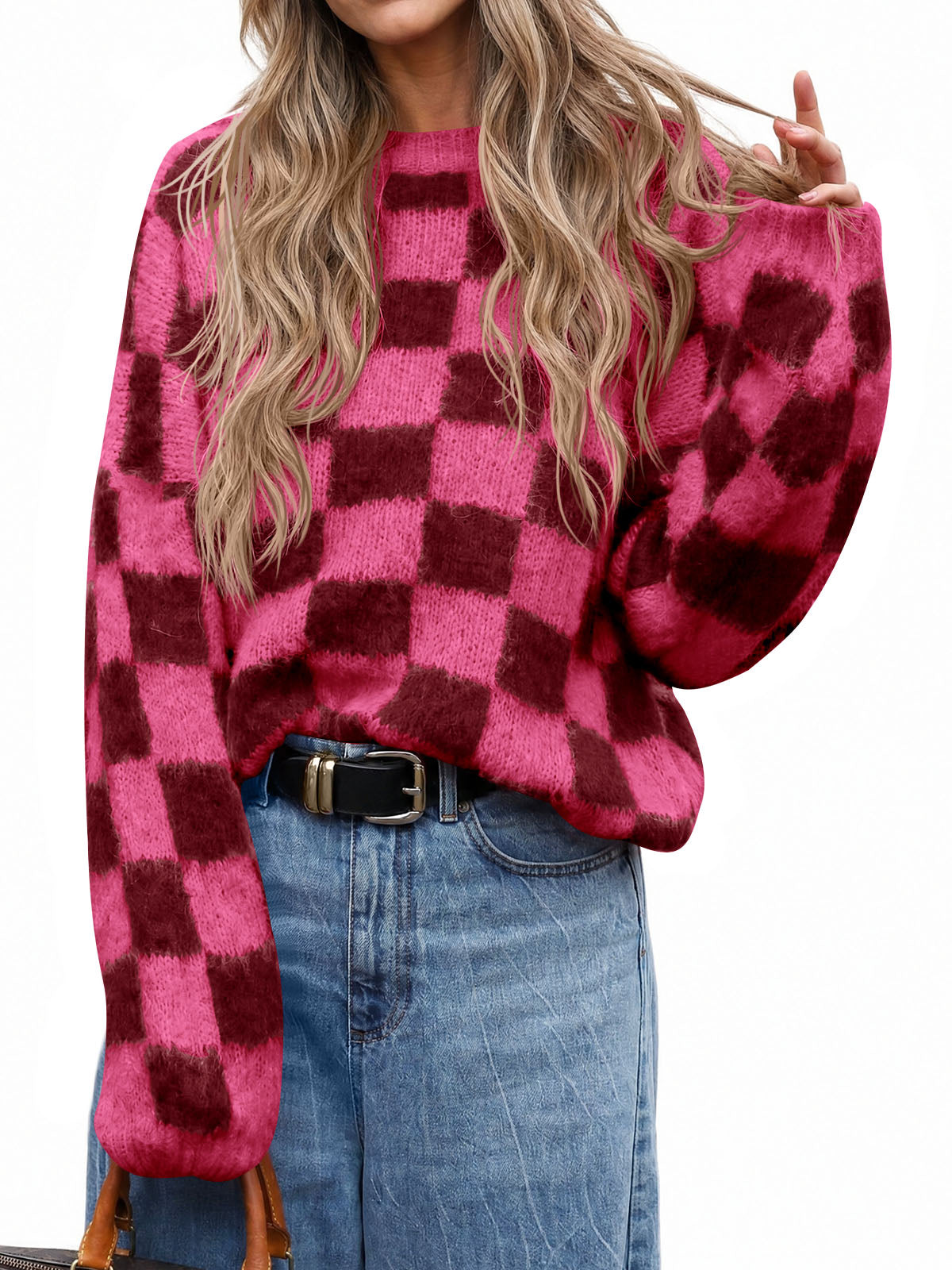 Saodimallsu Womens Checkered Fuzzy Sweaters