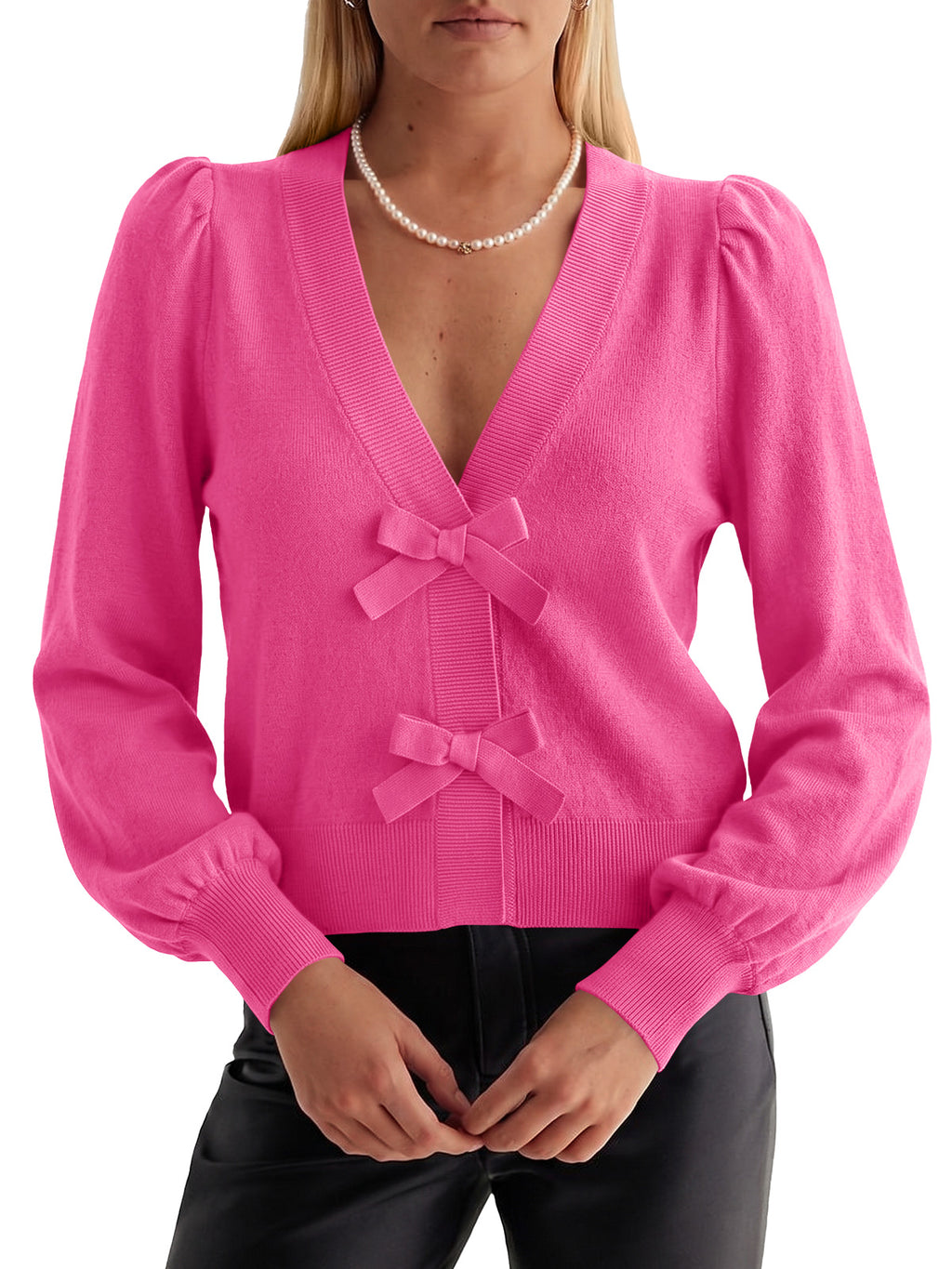 Saodimallsu Women V Neck Bow Knit Cardigan