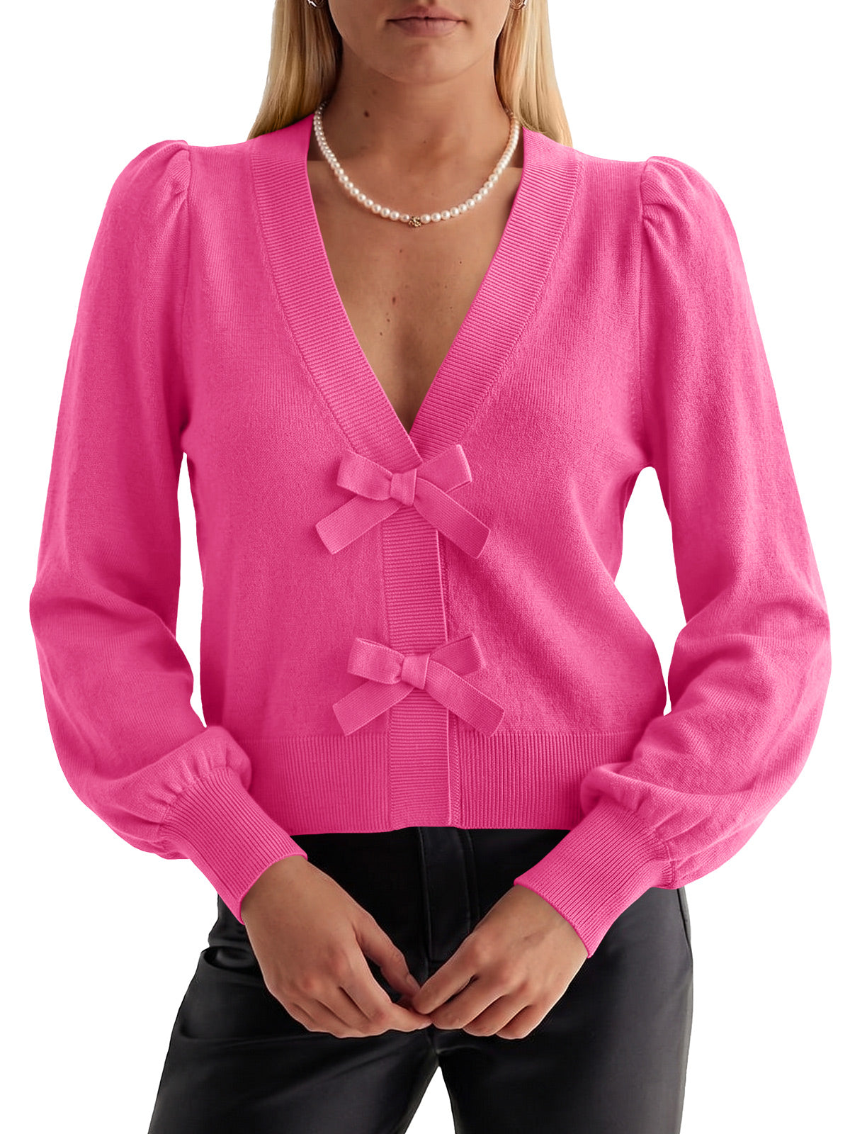 Saodimallsu Women V Neck Bow Knit Cardigan