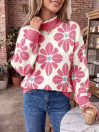Saodimallsu Womens Mock Neck Floral Knit Sweater