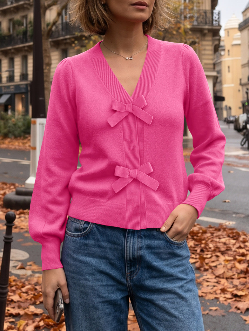 Saodimallsu Women V Neck Bow Knit Cardigan