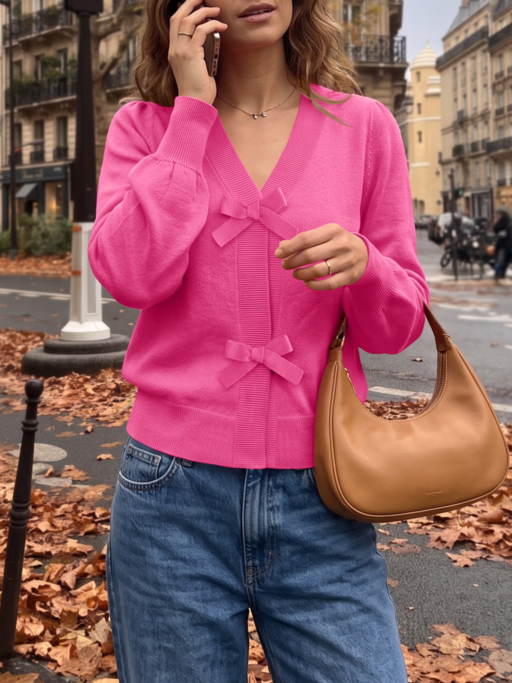 Saodimallsu Women V Neck Bow Knit Cardigan