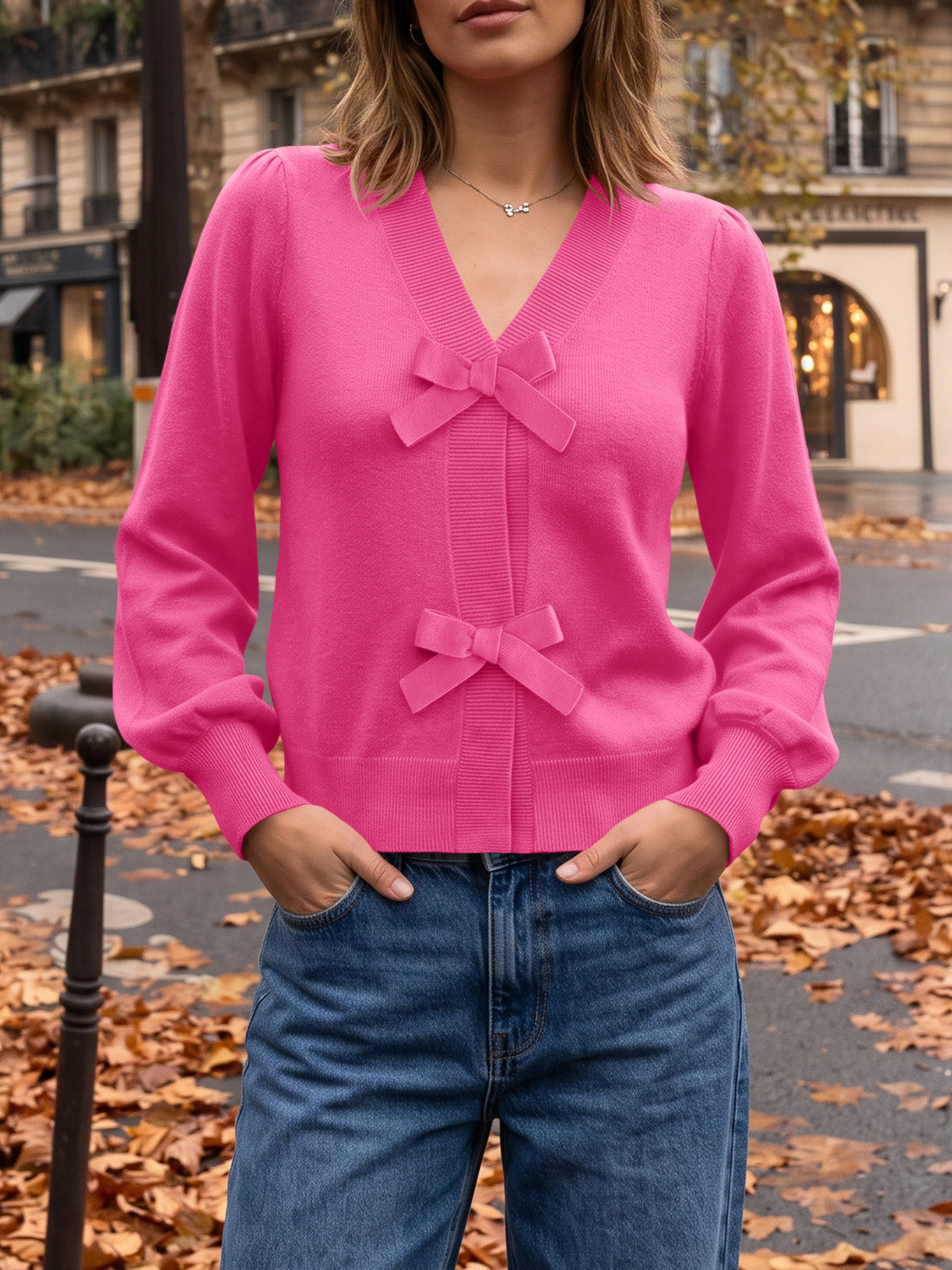 Saodimallsu Women V Neck Bow Knit Cardigan