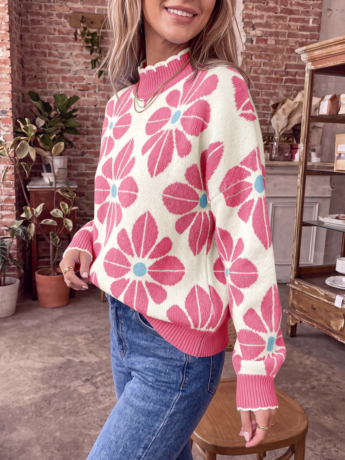 Saodimallsu Womens Mock Neck Floral Knit Sweater