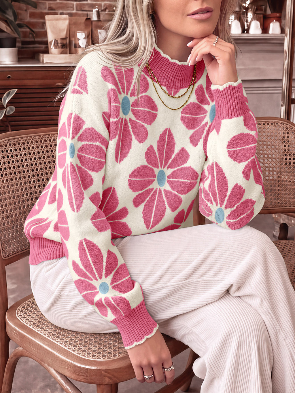 Saodimallsu Womens Mock Neck Floral Knit Sweater