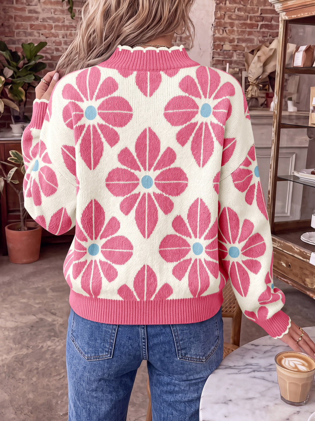 Saodimallsu Womens Mock Neck Floral Knit Sweater
