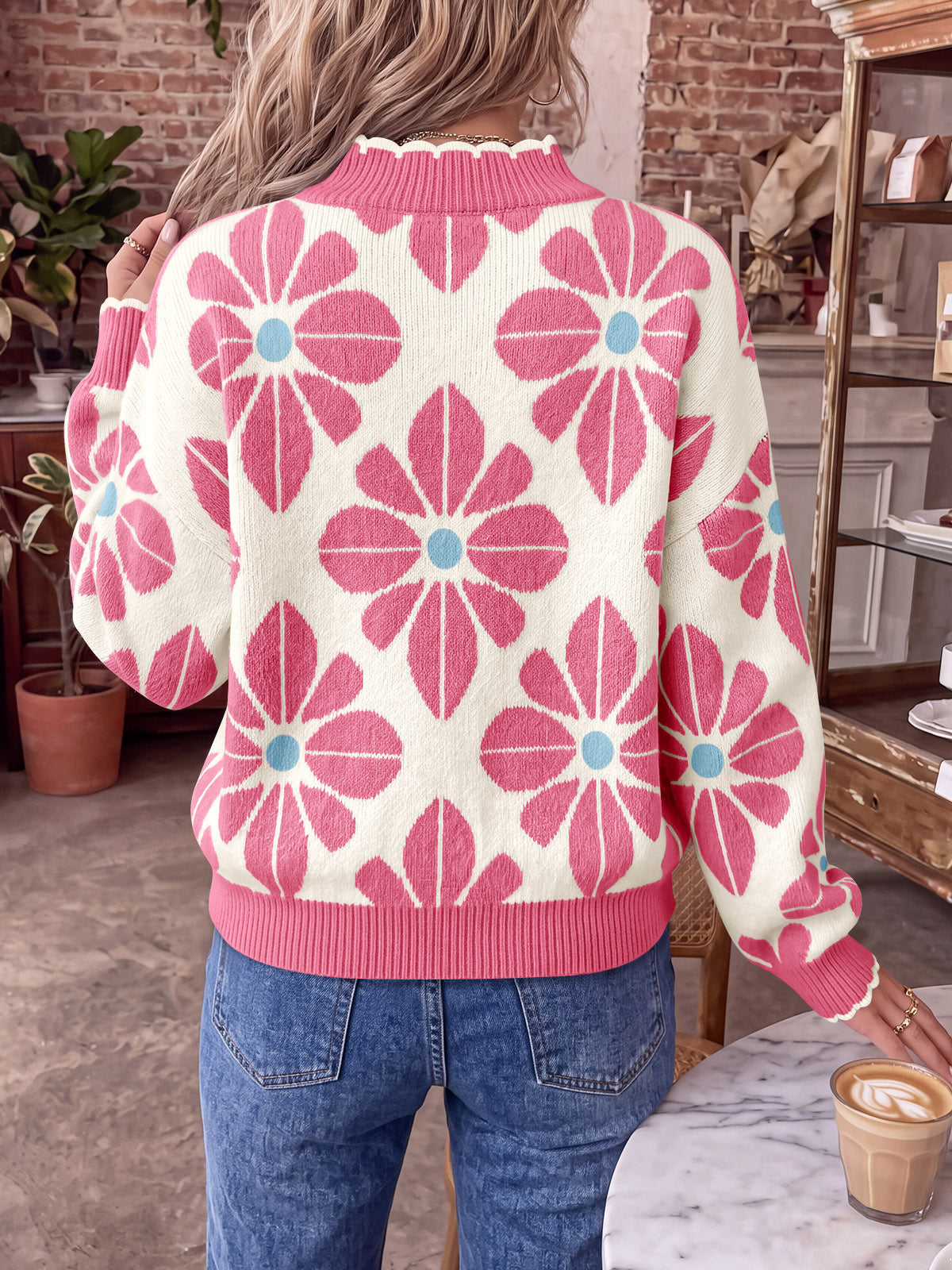 Saodimallsu Womens Mock Neck Floral Knit Sweater