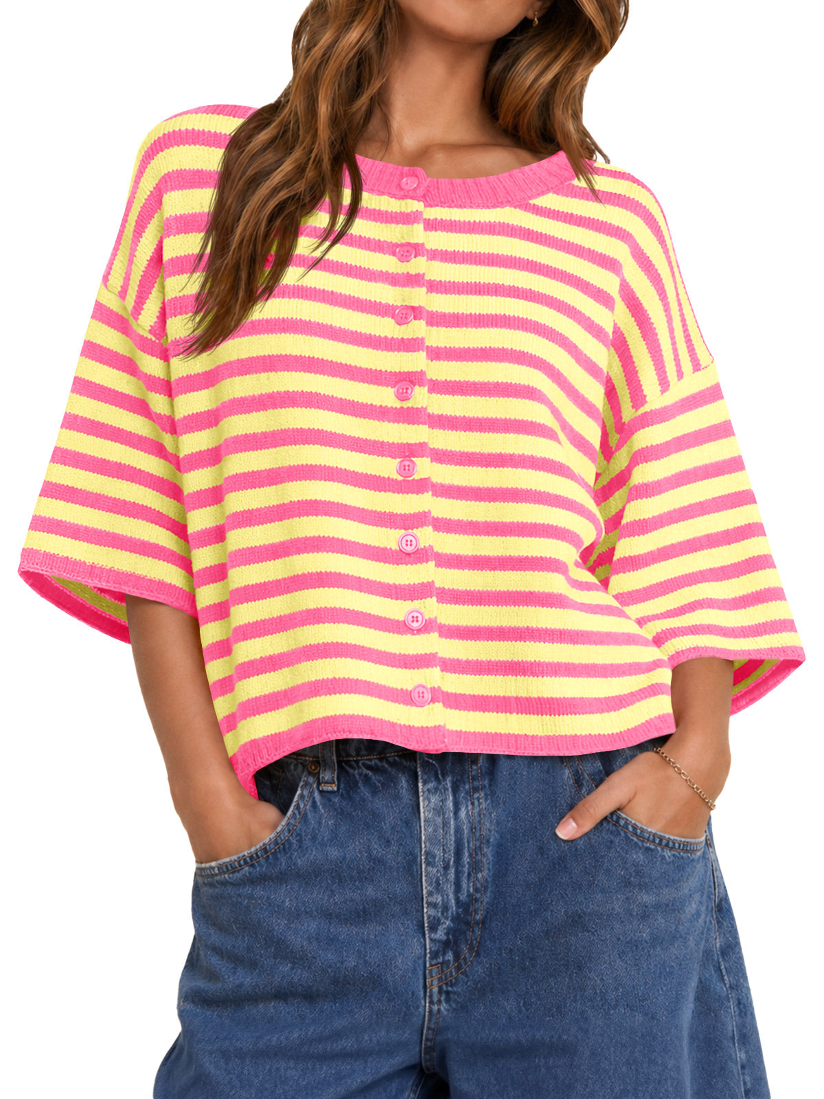 Saodimallsu Women Striped Cropped Cardigan