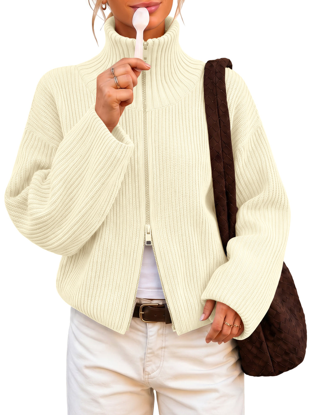 Saodimallsu Women Zip Up Chunky Knit Sweater