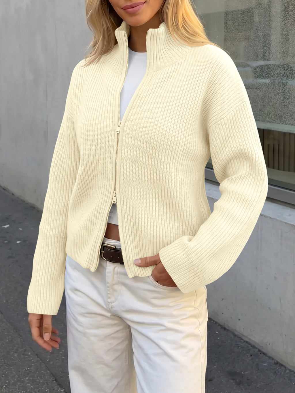 Saodimallsu Women Zip Up Chunky Knit Sweater